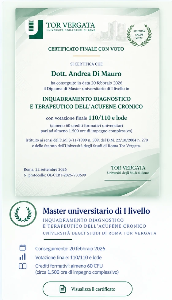 Master universitario di I livello in Inquadramento Diagnostico e Terapeutico dell’Acufene Cronico, 110 su 110 e lode
